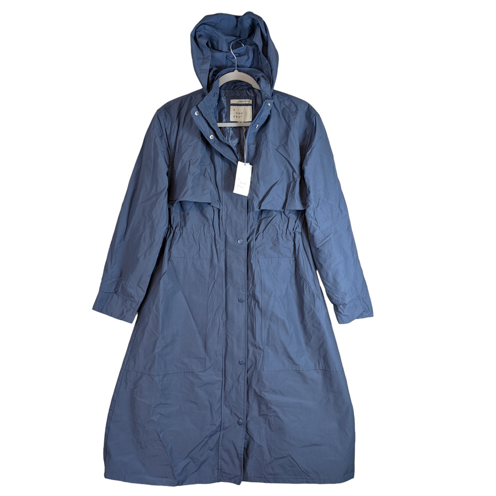 A New Day Rain Trench Coat Womens XS Water Resistant Lightweight Zip Cinch Blue